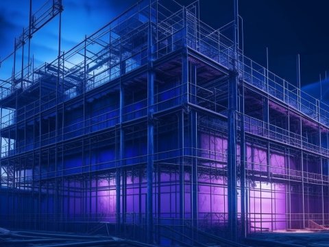 Futuristic Industrial Building Under Construction at Night