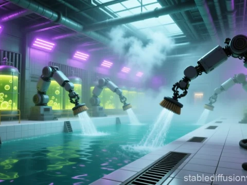 Futuristic Industrial Water Treatment Facility with Robotic Arms
