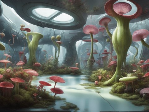 Futuristic Interior with Giant Bioluminescent Mushrooms