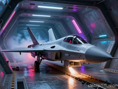 Futuristic Jet Fighter in Neon-Lit Hangar