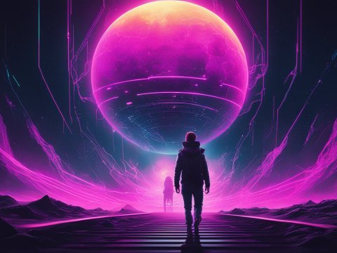 Futuristic Journey Towards a Glowing Neon Planet