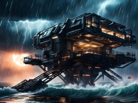 Futuristic Kolto Mining Platform in Stormy Ocean Night