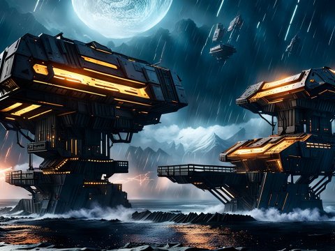 Futuristic Kolto Mining Platforms in Stormy Ocean