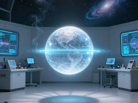 Futuristic Lab with Holographic Earth Sphere