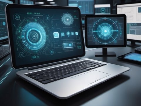 Futuristic Laptop and Monitor with Holographic Interface