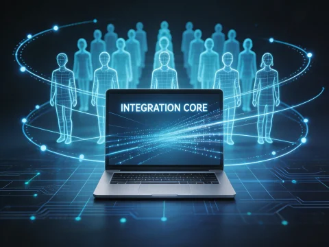 Futuristic Laptop Displaying Integration Core with Holographic Figures