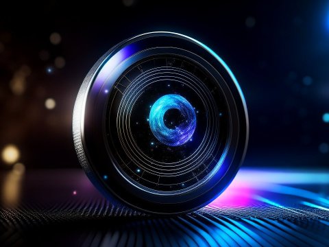 Futuristic Lens with Glowing Blue Core in Dark Setting