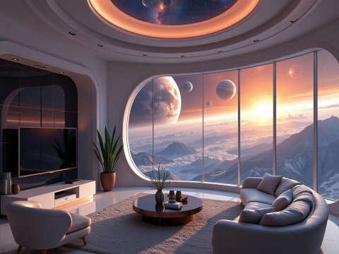 Futuristic Luxury Living Room with Cosmic View