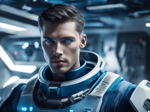 Futuristic Male Android with Blue Eyes in High-Tech Armor