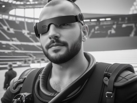 Futuristic Man Wearing High-Tech Visor in Stadium