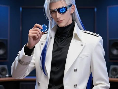Futuristic Man with Cybernetic Eyepatch Holding Poker Chip