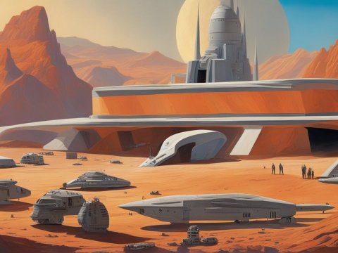 Futuristic Martian Base with Spacecraft and Rocky Terrain