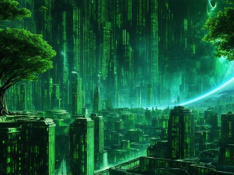 Futuristic Matrix-Inspired Cityscape with Digital Rain