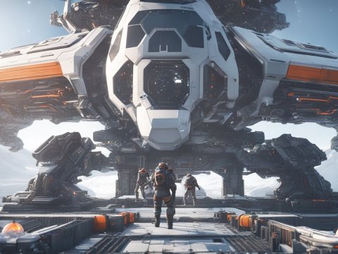 Futuristic Mech Landing in Snowy Mountain Base