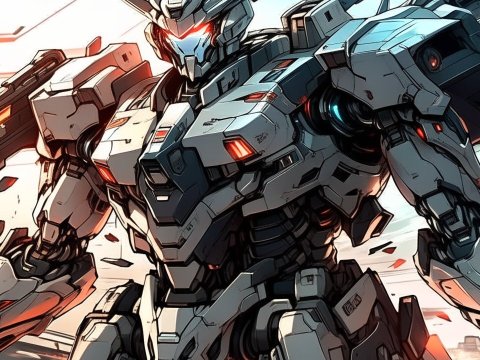 Futuristic Mecha Warrior in Dynamic Battle Pose