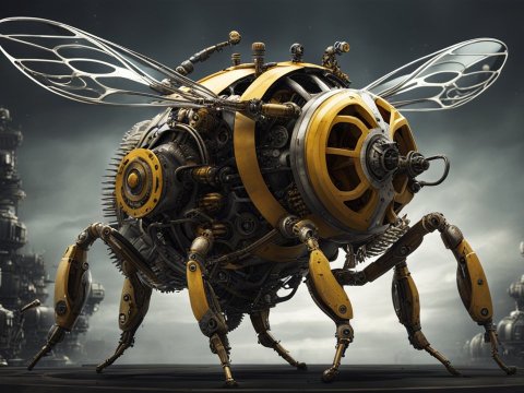 Futuristic Mechanical Bee with Intricate Gears and Wings