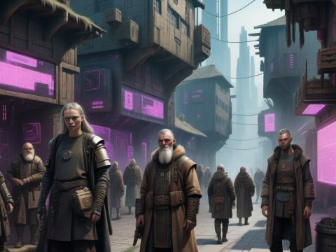 Futuristic Medieval Street with Cloaked Figures