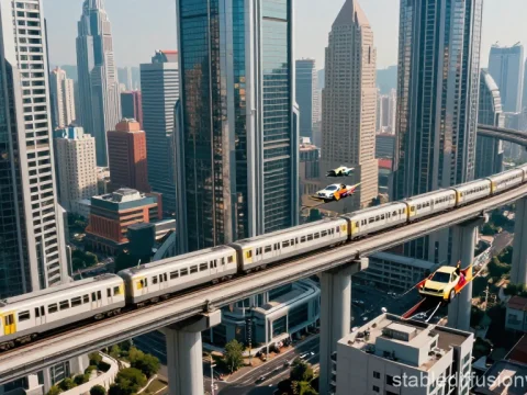 Futuristic Megacity with Elevated Train and Flying Cars
