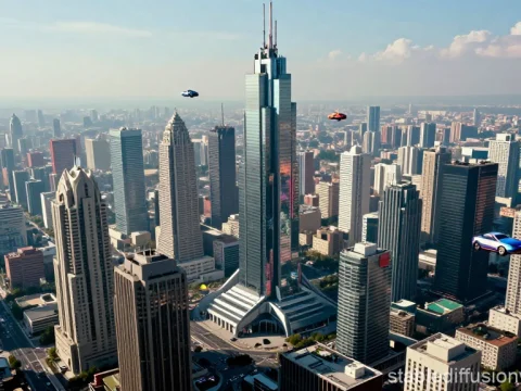 Futuristic Megalopolis Skyline with Flying Cars