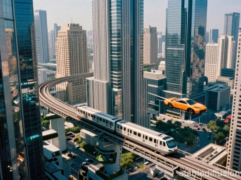 Futuristic Megalopolis with Flying Car and Elevated Train