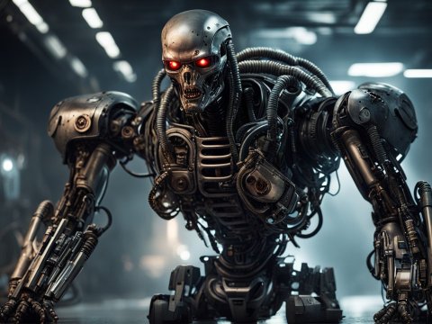 Futuristic Menacing Robot with Red Eyes in Industrial Setting