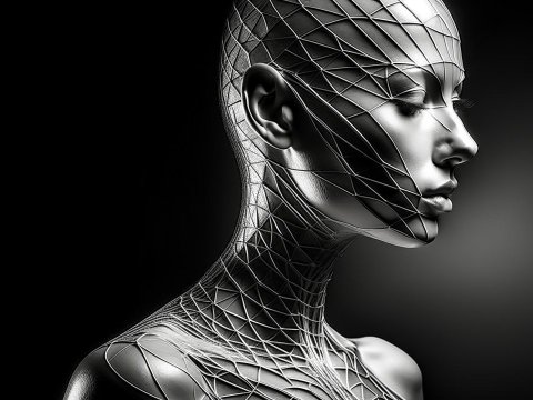 Futuristic Metallic Female Portrait with Geometric Wireframe