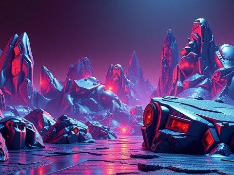 Futuristic Metallic Landscape with Neon Lighting