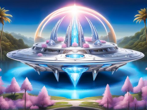 Futuristic Metallic Spaceship Hovering Over Serene Lake