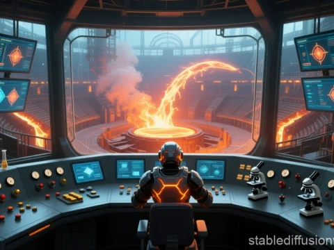 Futuristic Metallurgy Control Room Overlooking Molten Metal
