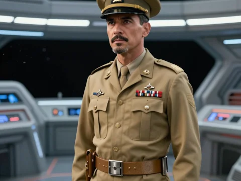 Futuristic Military Officer in Command Bridge