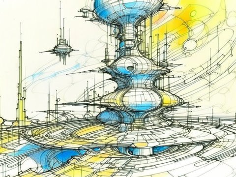 Futuristic Moebius-Style Sci-Fi Architecture Sketch