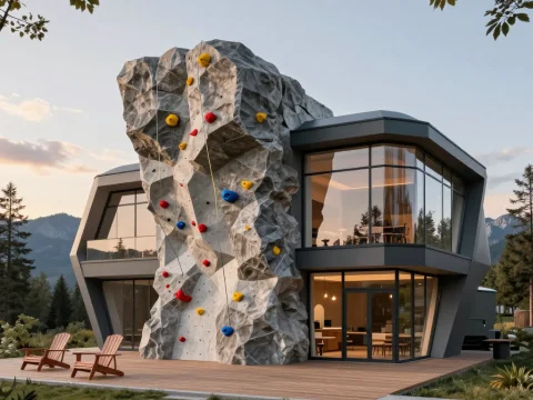 Futuristic Mountain Sports Clubhouse with Rock Climbing Wall