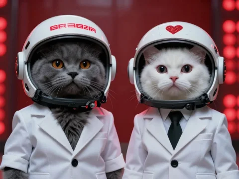 Futuristic Munchkin Cats in Space Helmets and Suits