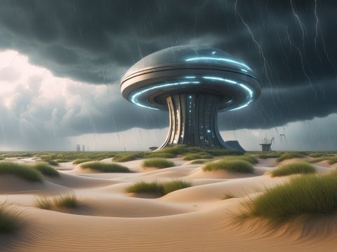 Futuristic Mushroom-Shaped Building in Stormy Desert Landscape