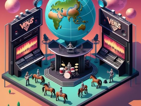 Futuristic Music Stage with Earth Globe and Horse Riders