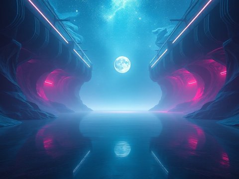 Futuristic Neon Cave with Moonlit Reflection