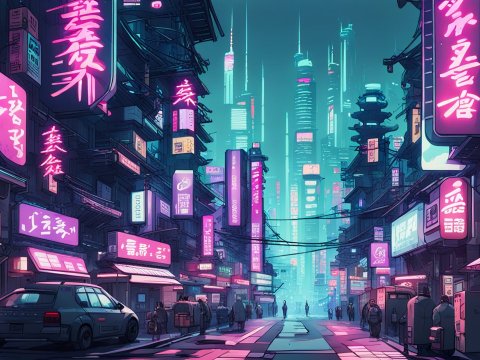 Futuristic Neon City Street at Night