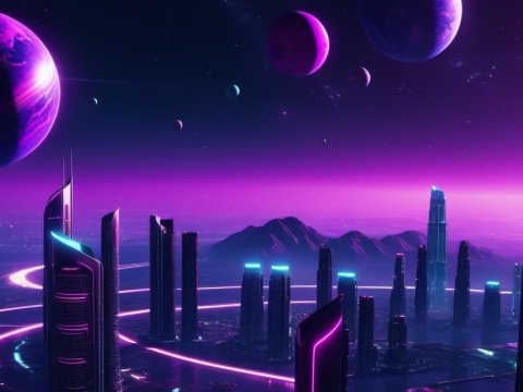 Futuristic Neon Cityscape Under Alien Planets