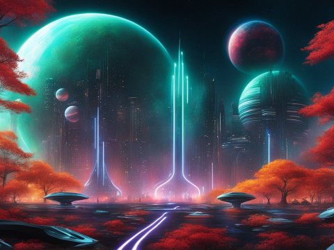Futuristic Neon Cityscape with Alien Planets and Red Foliage