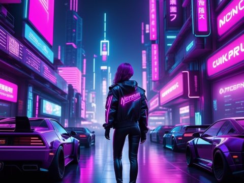 Futuristic Neon Cityscape with Cyberpunk Figure