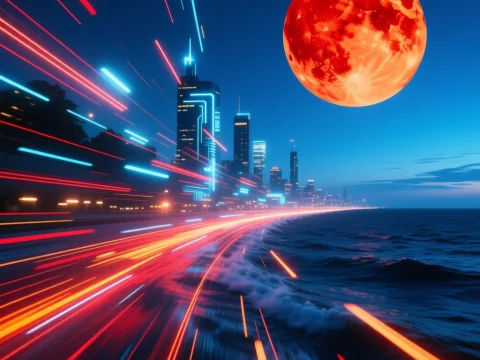Futuristic Neon Cityscape with Giant Red Moon