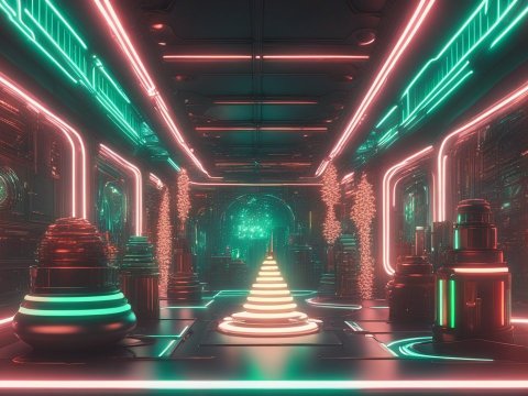 Futuristic Neon Corridor with Glowing Geometric Structures