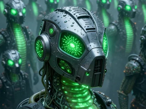 Futuristic Neon Green Robot Army in Foggy City