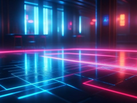 Futuristic Neon Grid in a Dimly Lit Room