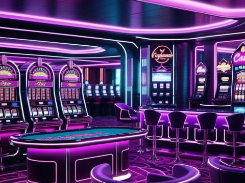 Futuristic Neon-Lit Casino Interior with Slot Machines and Gaming Tables