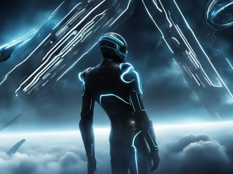 Futuristic Neon-Lit Figure Overlooking Sci-Fi Spacecraft