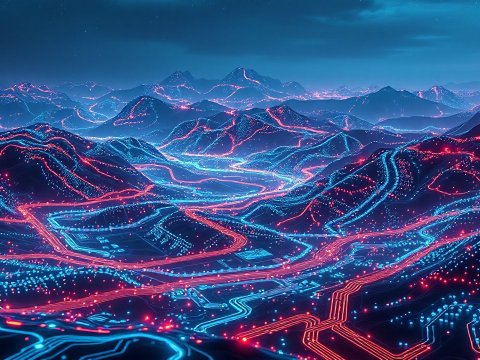 Futuristic Neon-Lit Mountain Landscape at Night