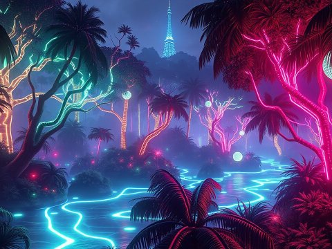 Futuristic Neon-Lit Tropical Forest with Glowing River