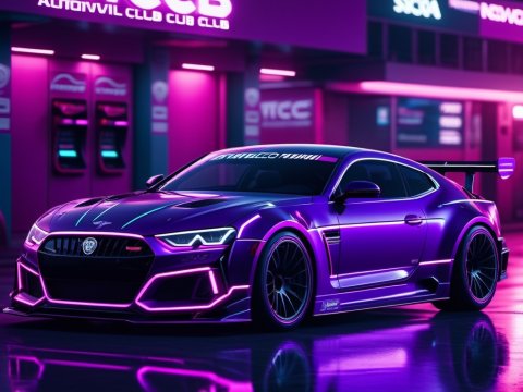 Futuristic Neon Purple Sports Car in Cyberpunk City