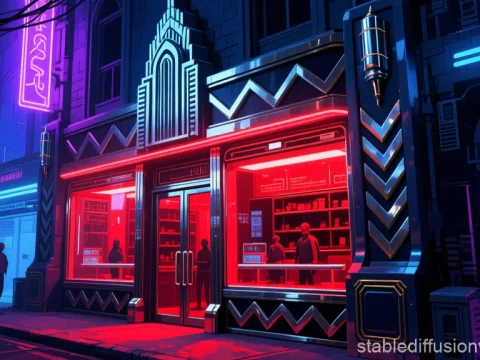 Futuristic Neon Red Light District Shop at Night